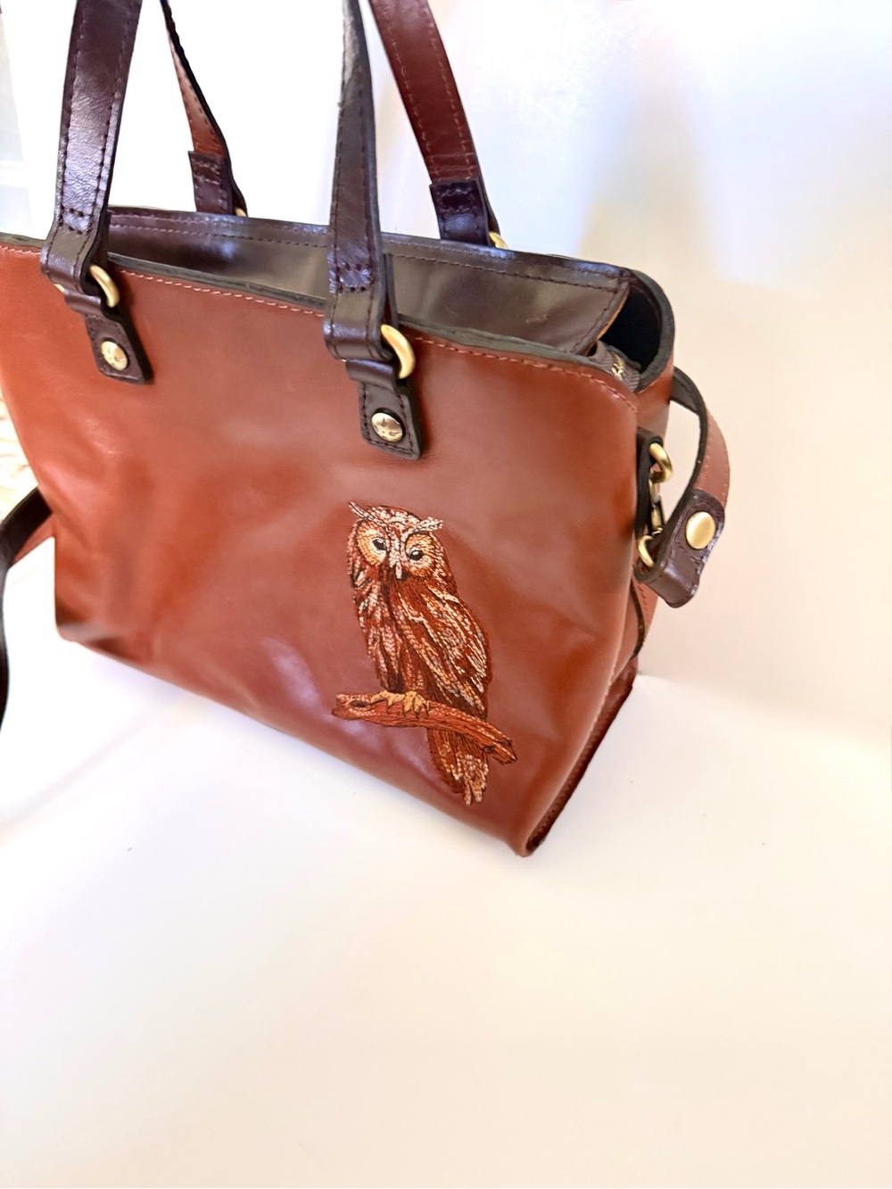 Patricia Nash Moggie Leather Satchel Owl Embroidery Tote Crossbody Rare - Picture 4 of 10